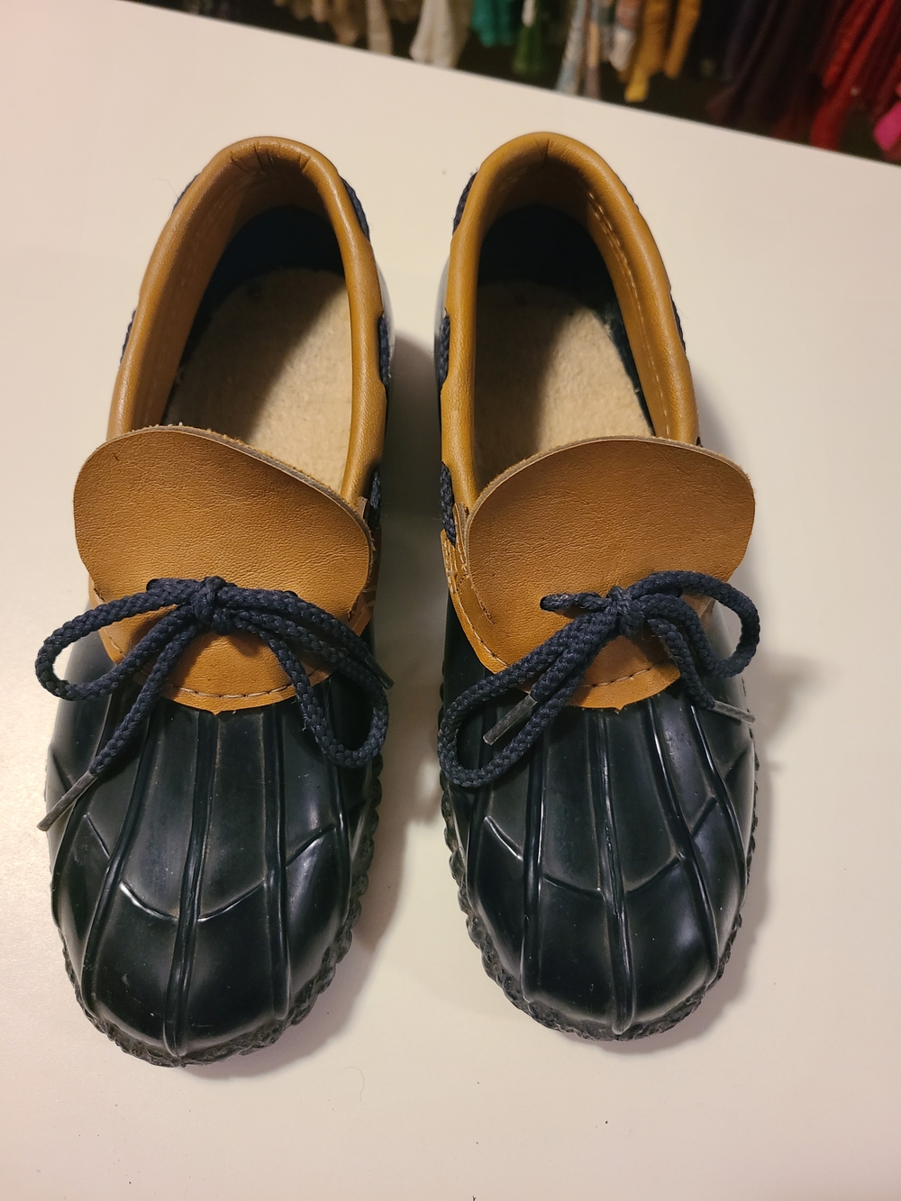 Moccasin Style Duck Shoes in Navy and Tan